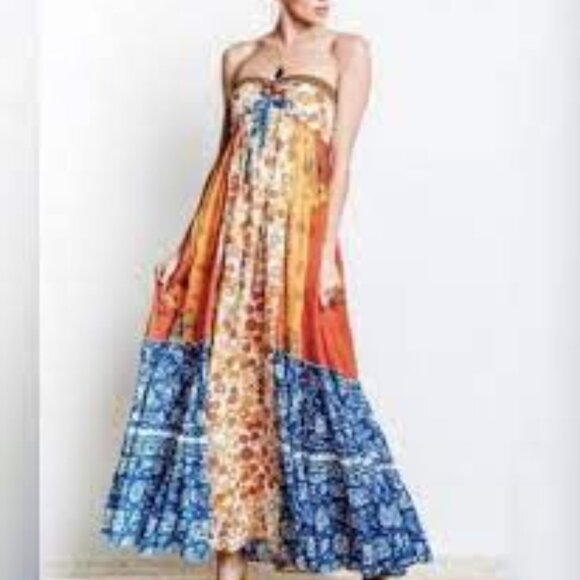 Free People Golden Dreams mixed print Strapless Ruffle Maxi Dress Size Medium - Picture 4 of 12